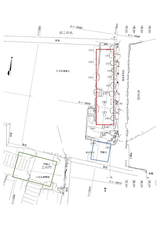 安土城、遺構平面図、断面図、二の丸東溜り