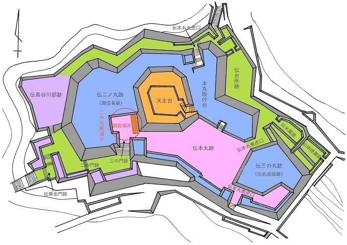 安土城、発掘調査場所、本丸　平面図