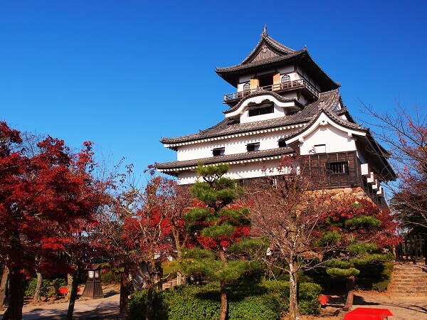 犬山城、紅葉、モミジ、桜、天守