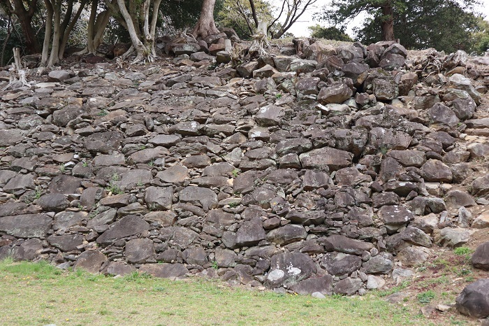 安山岩で自然石を積み上げた野面積の石垣