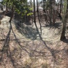 復元木橋上より西の郭３の郭間の堀と先は２の郭土塁