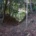 郭の南西下の出丸にある大堀切、土塁だ。右上が主郭方面。土塁の向こうに曲輪。