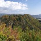 詰の丸から見る高山城。東西に走る稜線が南北ふたつあるのがよく分かる。