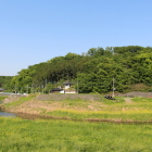 市野川と松山城(左奥は吉見百穴)