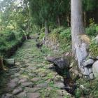 中世石畳道。石垣に排水路、石橋も