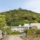 下の城西虎口と山上の模擬天守を仰ぐ
