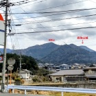 ①	バスを降り鷹取山を見上げる