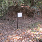 手前が堀状の窪地、奥が土塁状の高まり、上に社