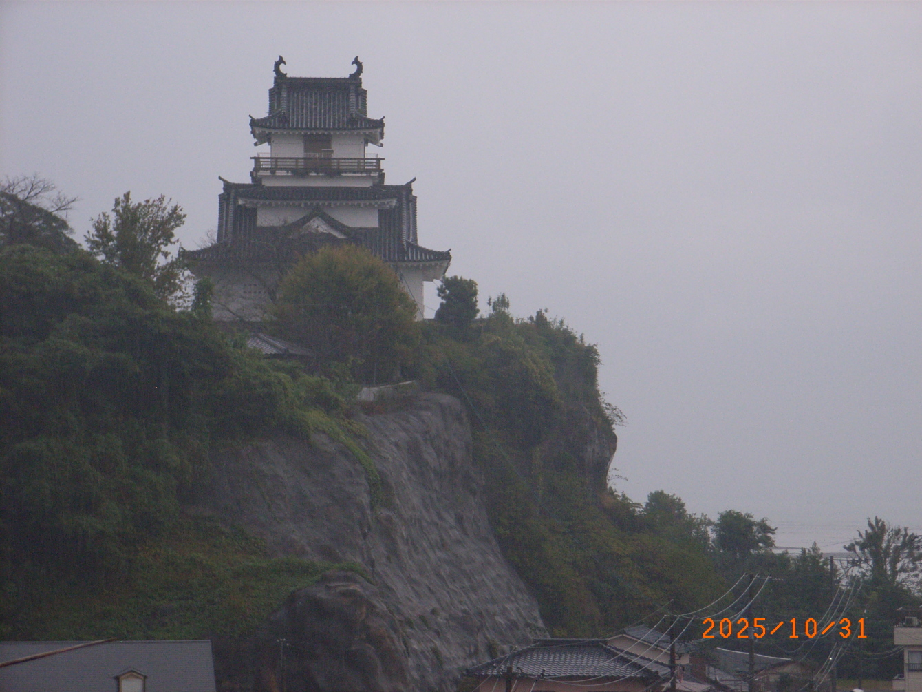 雨に霞む杵築城天守閣