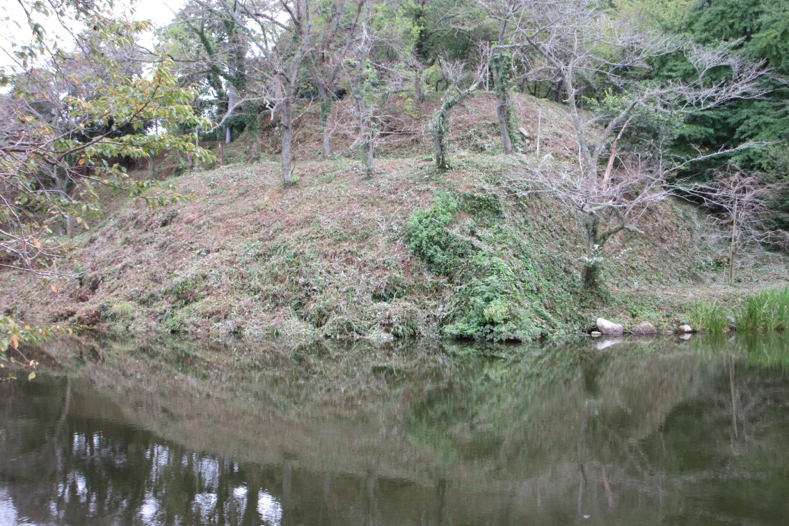 草刈されて良く観える本丸西物見土塁と石垣